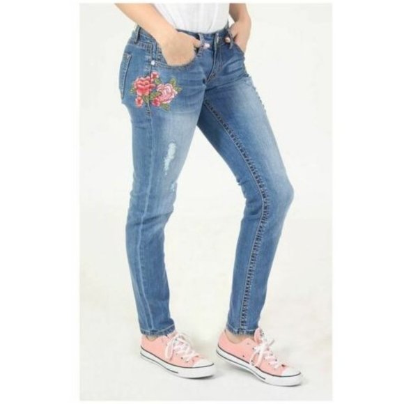 Grace in LA Women's Distressed Floral Embroidered Skinny Stretch Jeans w/ Rips - Picture 1 of 7